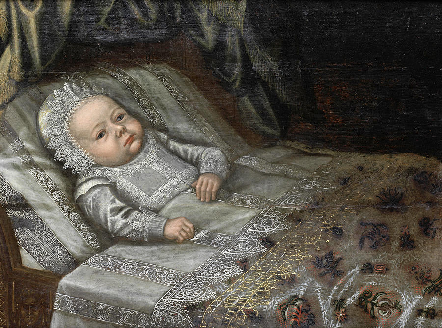 Portrait of a baby in lace costume Painting by Anglo-Dutch School