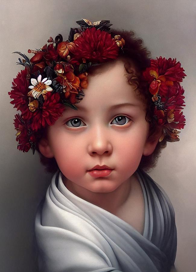 Portrait of a beautiful child with flowers Painting by Vincent Monozlay