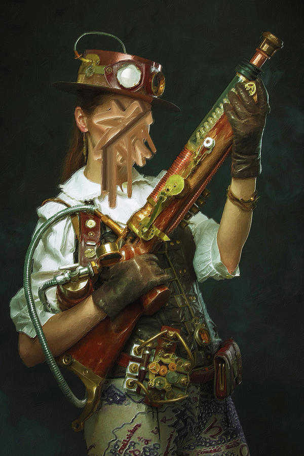 Portrait of a beautiful steampunk woman holding a gun Painting by Tony Rubino