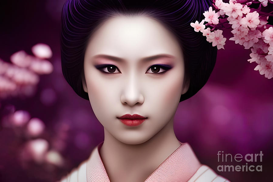 Portrait of a beautiful young Geisha or Maiko in pink and purple tones, with cherry blossoms.  Photograph by Jane Rix