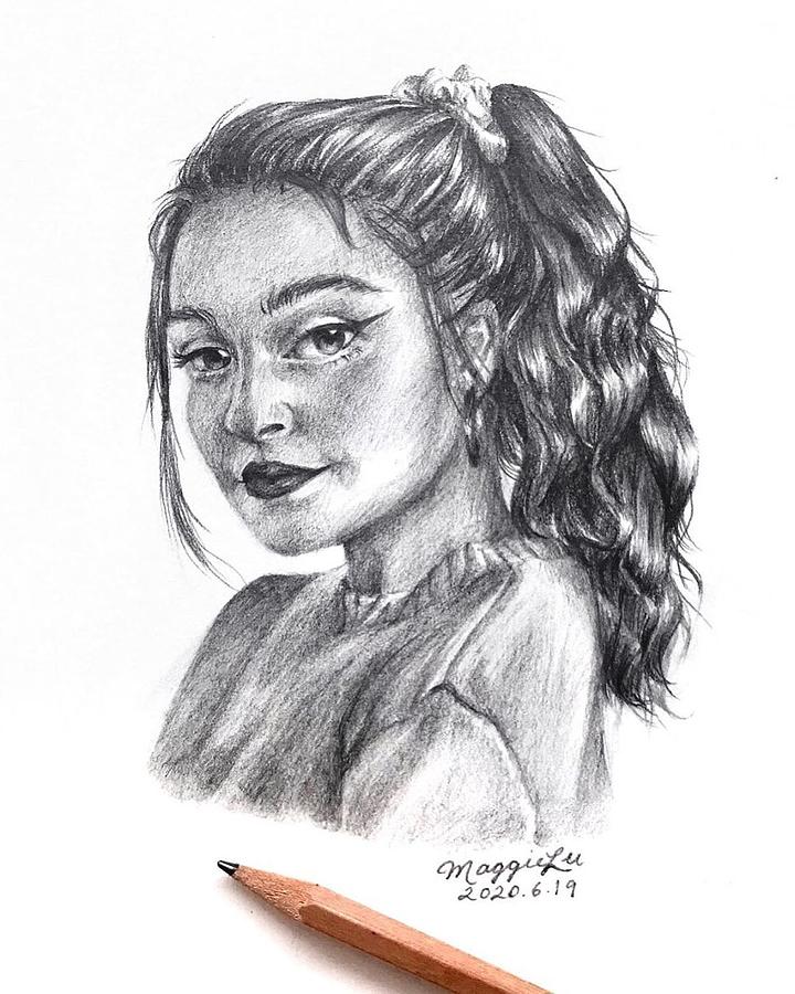 Original Pencil art portrait fine charcoal drawing sketches art girl in  beach