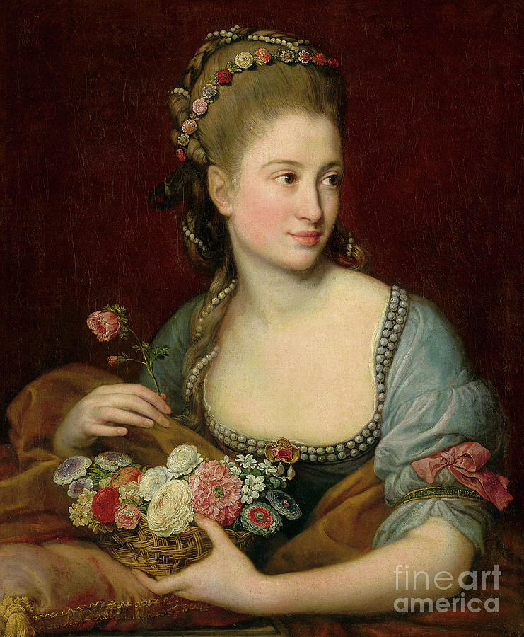 Portrait of a lady as Flora, half-length, holding a wicker basket of flowers, 1775 Painting by Pompeo Girolamo Batoni