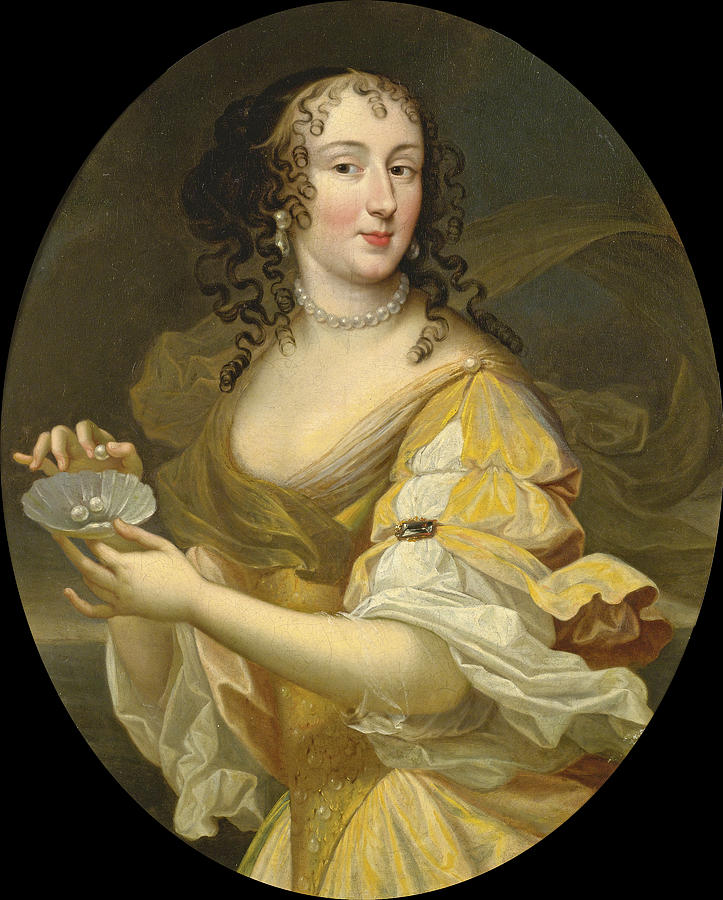Portrait of a Lady in allegorical guise, holding a dish of pearls Painting by Attributed to Pierre Mignard