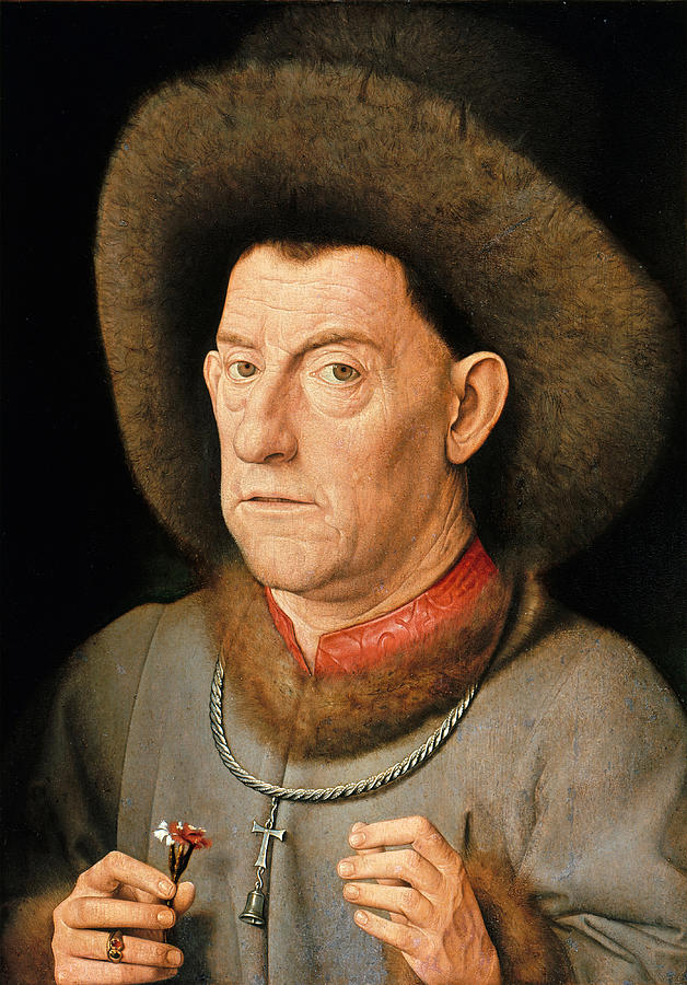 Portrait of a Man with carnation and the Order of Saint Anthony Painting by Follower of Jan van Eyck