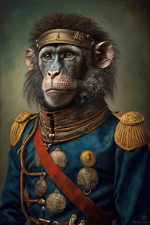 Portrait of a monkey wearing a human army uniform Digital Art by Oliver