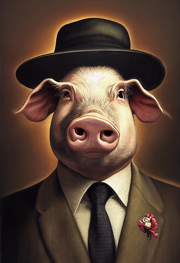 Portrait of a pig wearing a hat and a tie Painting by Vincent Monozlay