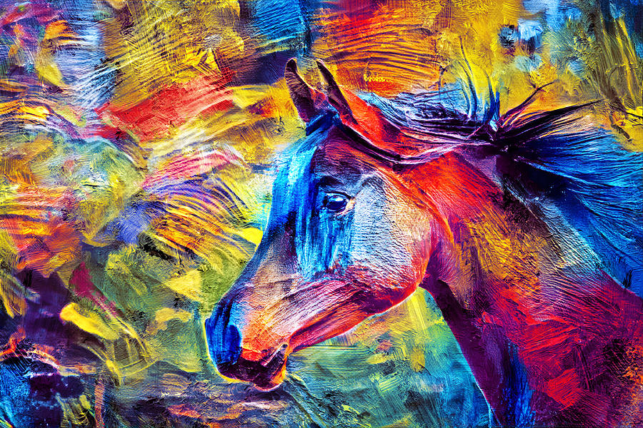 Portrait of a thoroughbred horse - colorful thick oil paint Digital Art by Nicko Prints