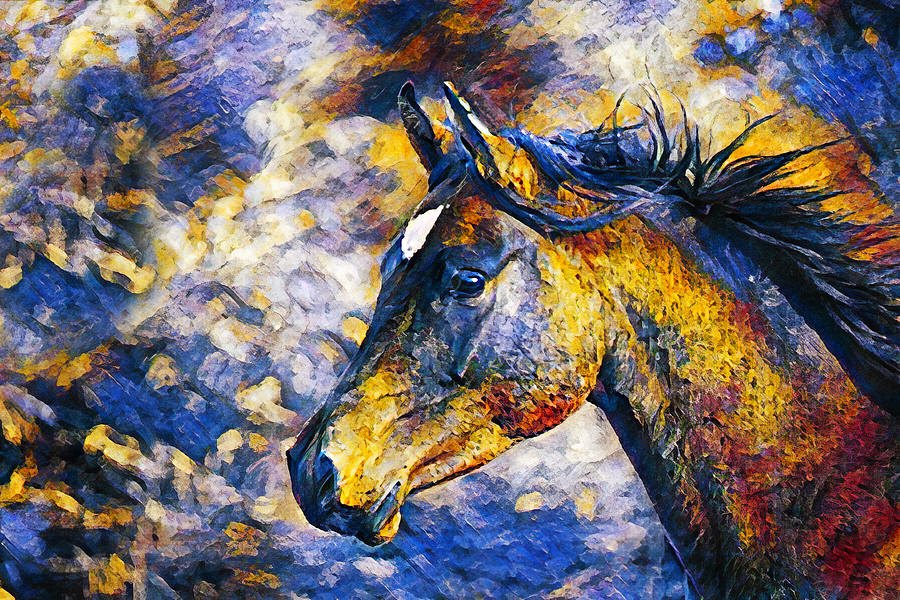 Portrait of a thoroughbred horse in blue, white and orange Digital Art by Nicko Prints