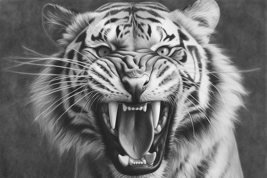 Wildlife Drawing - Portrait of a tiger - graphite drawing by David Mohn