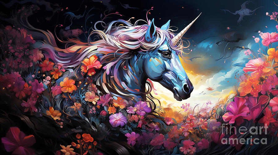 Portrait of a unicorn surrounded by a field of flowers.  Digital Art by Odon Czintos