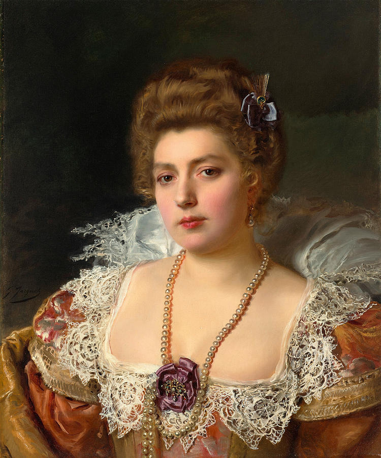 Portrait of a woman wearing pearls  Painting by Gustave Jean Jacquet