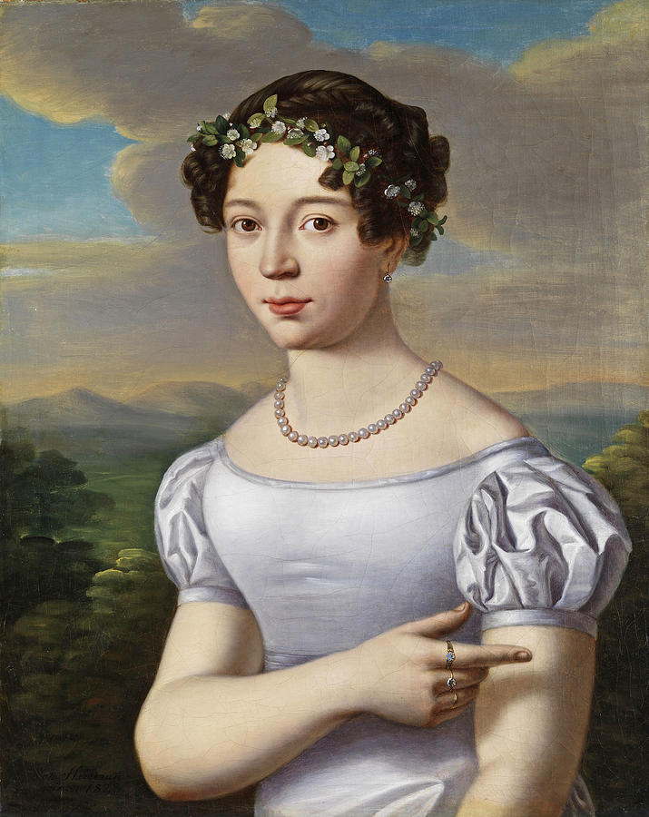Portrait of a young girl with myrtle wreath and pearl necklace Painting by Johann Herrmann