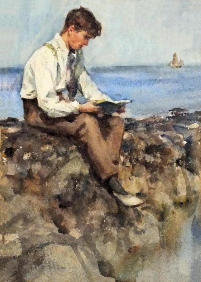 Portrait of a Young Man Reading on the Rocks Painting by Henry Scott Tuke