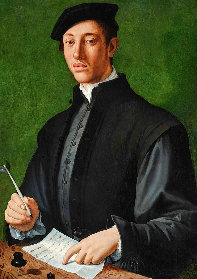 Bronzino Painting - Portrait of a Young Man with a Quill and a Sheet of Paper, Self-Portrait of the Artist by Bronzino