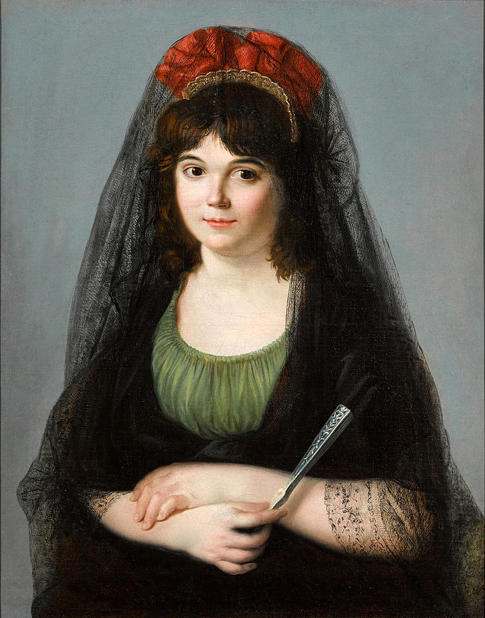 Portrait of a Young Woman half length holding a Fan Painting by Zacarias Gonzalez Velazquez