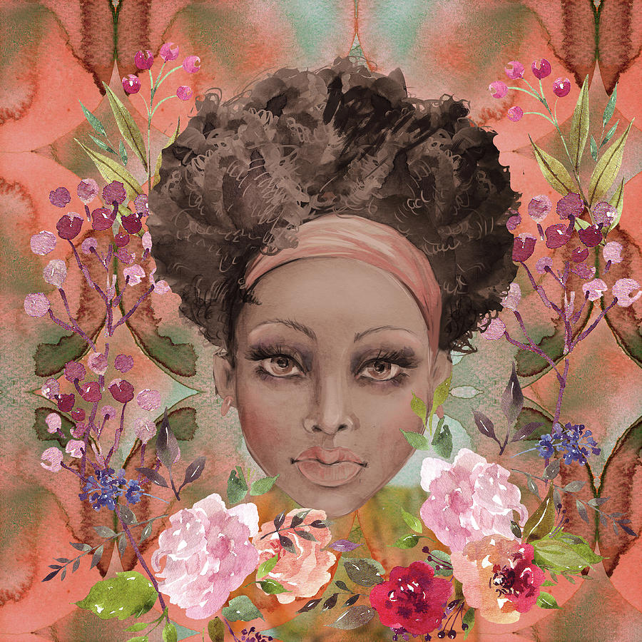 Portrait of African Woman with Flowers Digital Art by Judi Hall