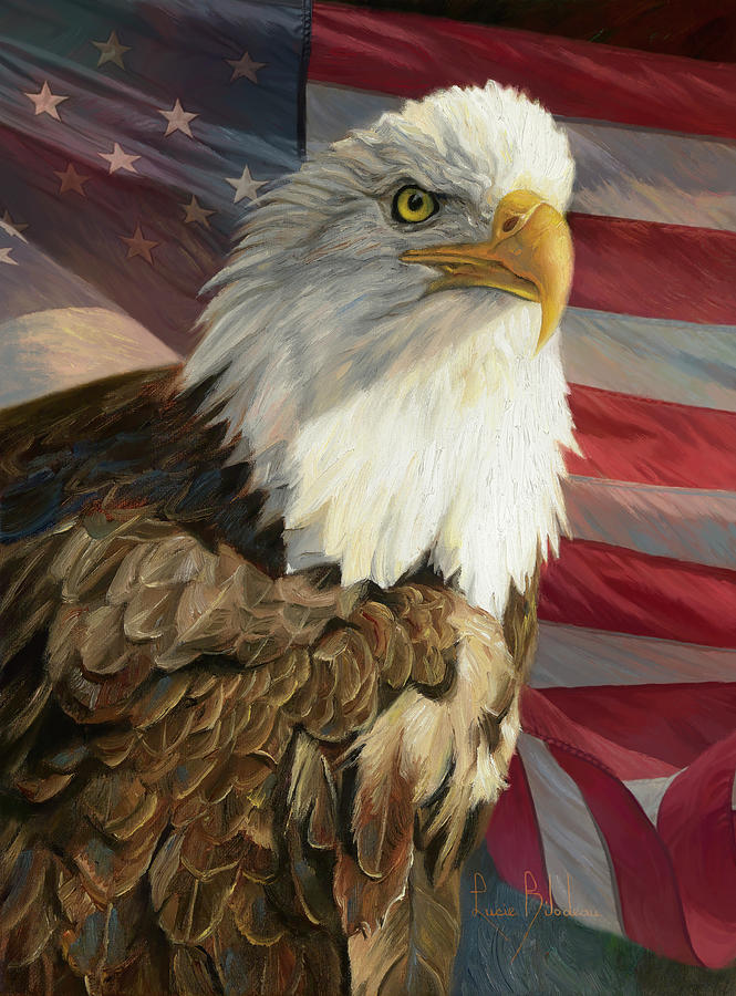 Portrait of an Eagle with the American Flag Painting by Lucie Bilodeau