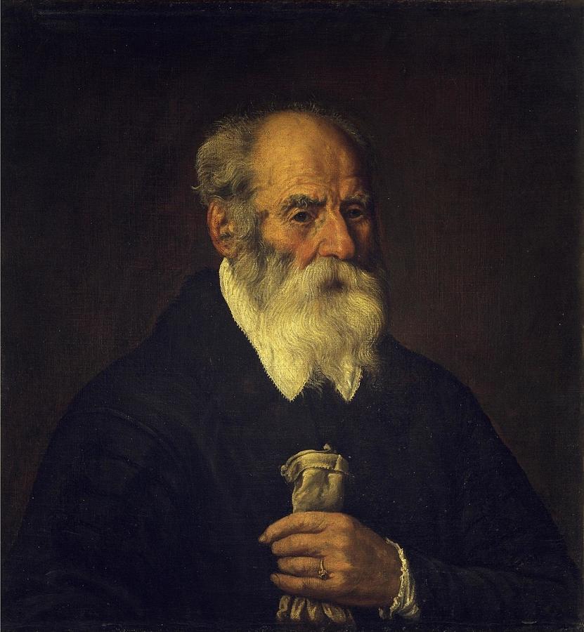 Portrait of an old man with gloves Painting by Marco Antonio Bassetti