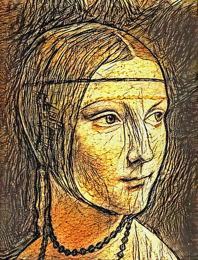 Portrait of Cecilia Gallerani - pen sketch recreation of a Leonardo da Vinci painting Digital Art by Nicko Prints