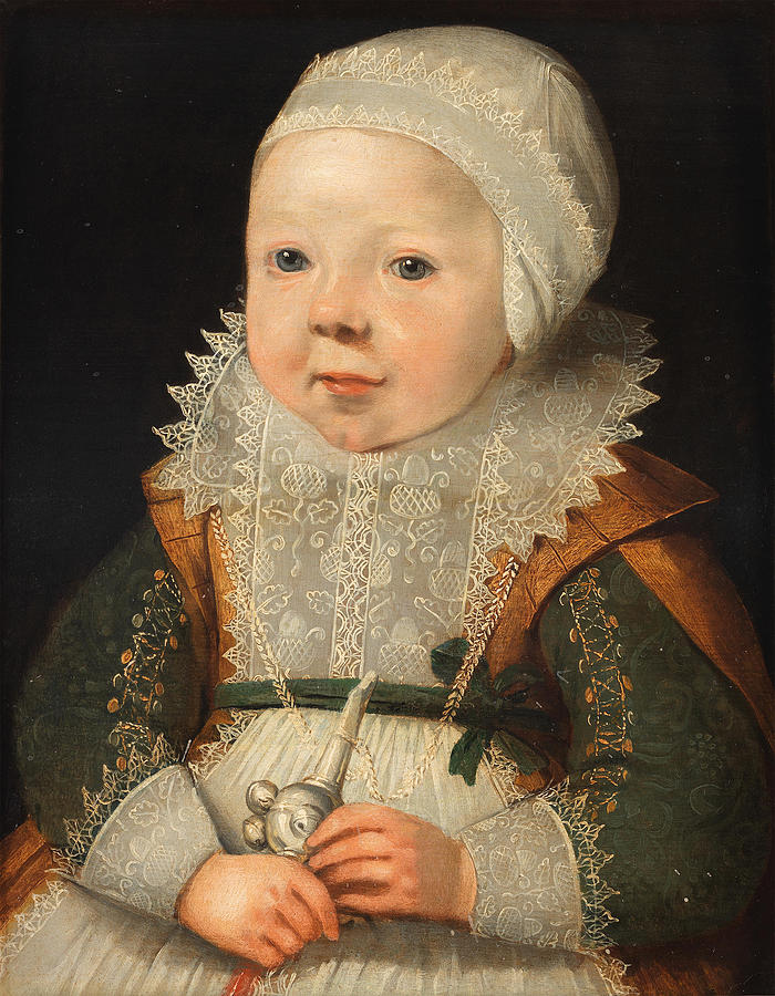 Portrait of child, half-length, holding a rattle Painting by Dutch School