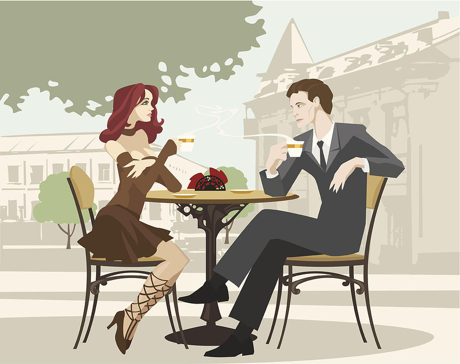 Portrait of Couple Drinking Coffee at Outdoor Cafe Drawing by Garret48
