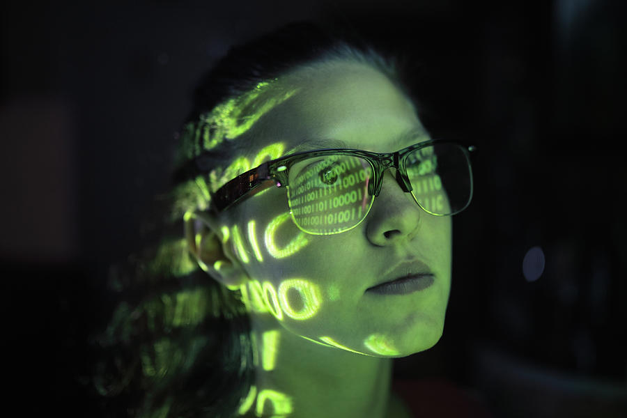 Portrait of girl lighted with green numbers Photograph by Stanislaw Pytel
