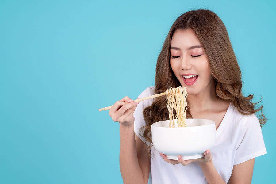 Smiling young woman eating Asian food show all right hand gesture. Happy  girl enjoy noodles recommend restaurant. Recommendation. Vector  illustration. 18777110 Vector Art at Vecteezy