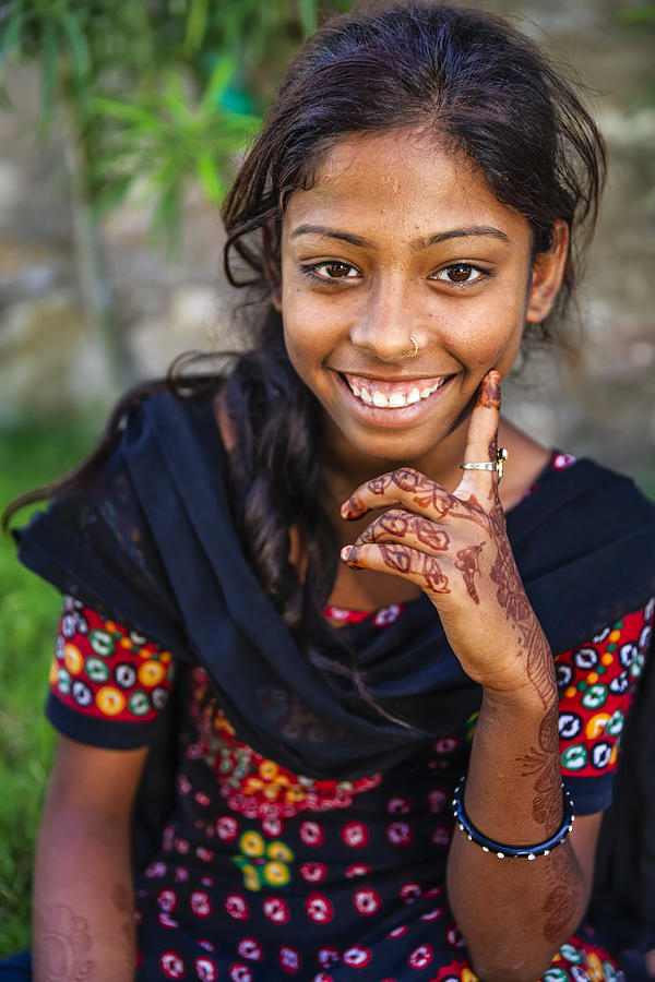 Portrait of Indian young girl with henna tattoo, Jaipur, India Photograph by Bartosz Hadyniak