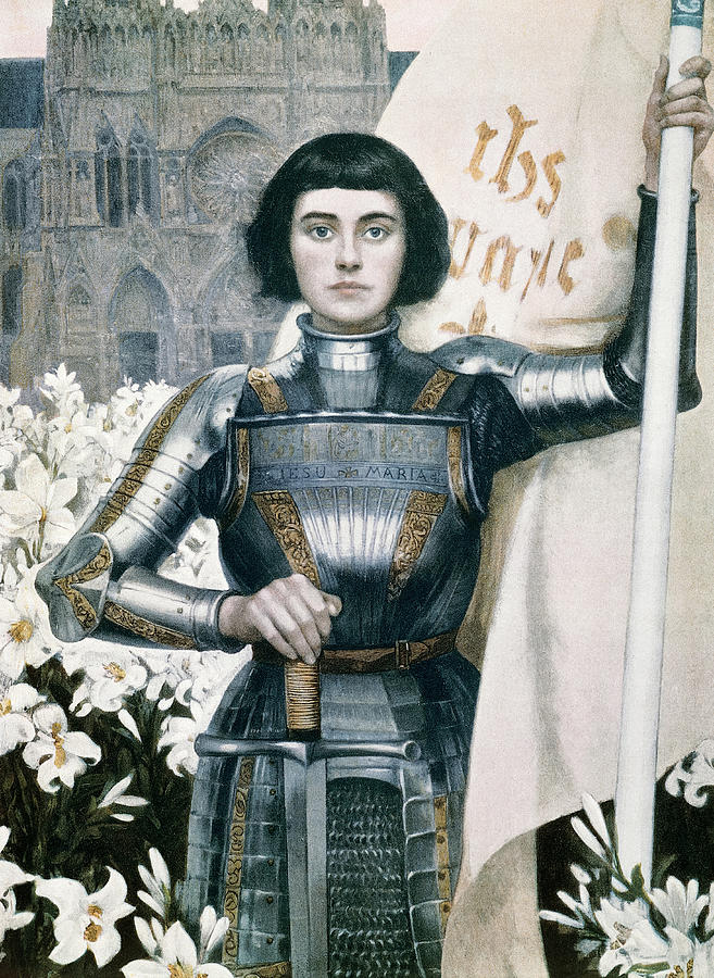 Albert Lynch Painting - Portrait of Joan of Arc with flag and lilies on the background of Notre Dame Cathedral by Albert Lynch