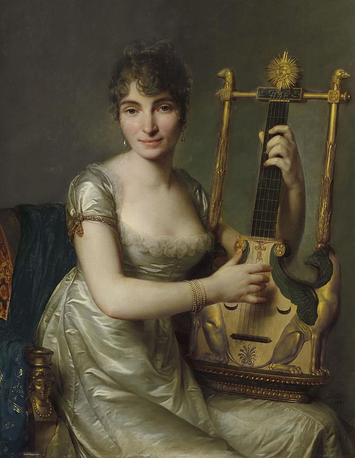 Portrait of Madame Larmoyer three-quarter lenght with a lyre-guitar ...