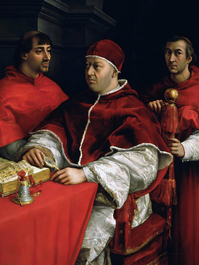 Portrait of Pope Leo X with Cardinals Giulio de Medici and Luigi de Rossi, 1518 Painting by Raphael