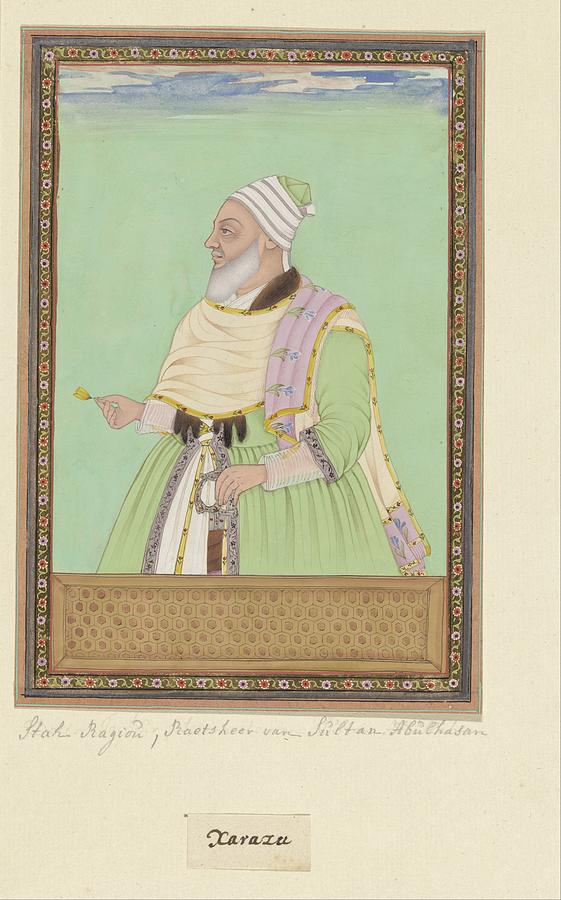 Portrait of Shah Raju, the spiritual leader pir of Sultan Abul Hasan, anonymous, c. 1686 Painting by Artistic Rifki