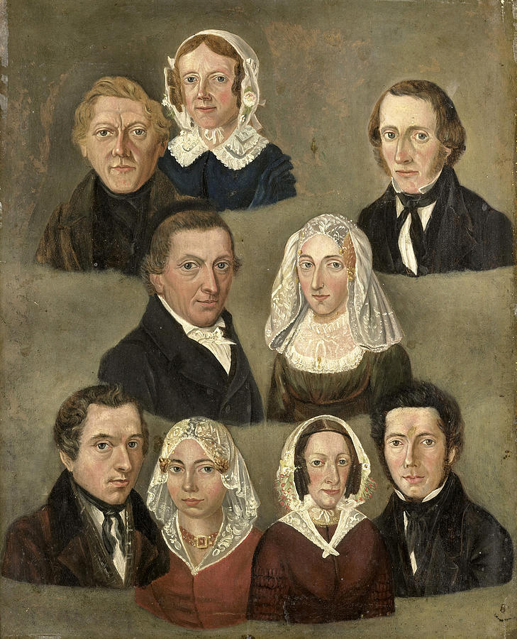 Portrait of the Pastor Hendrick de Cock in Ulrum, with his wife, and seven other portraits Painting by Kornelis Douwes Teenstra