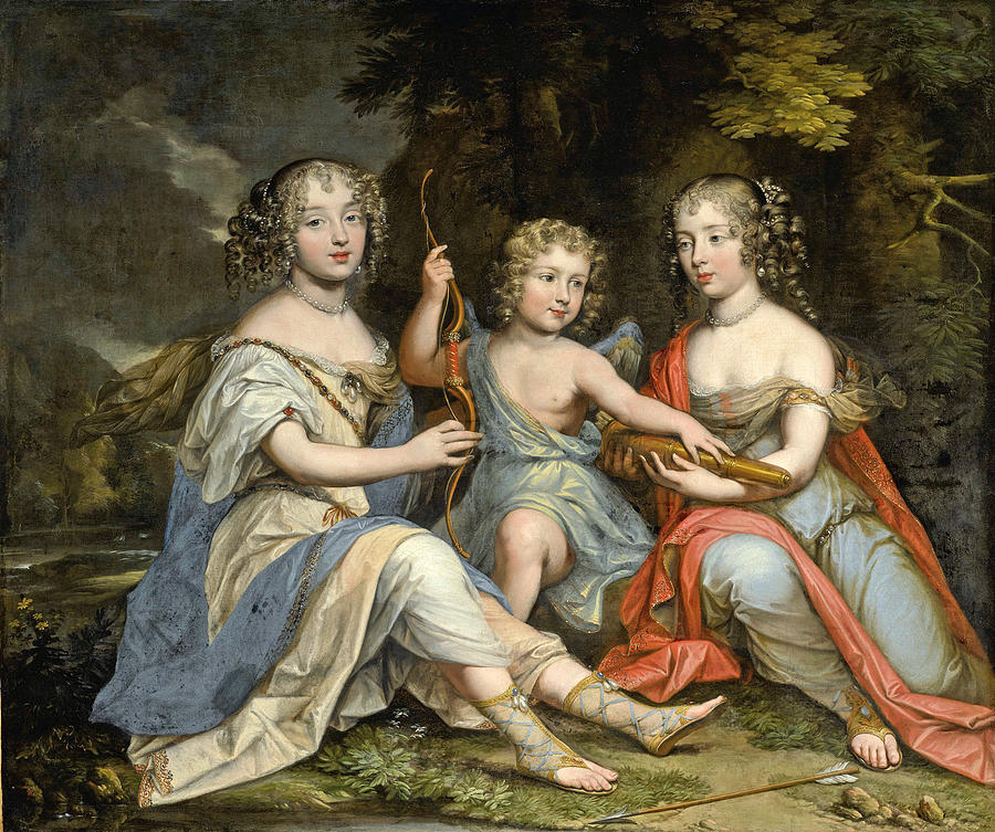 Portrait of three Children in a Landscape the Boy as Cupid Painting by Louis Ferdinand Elle the Elder