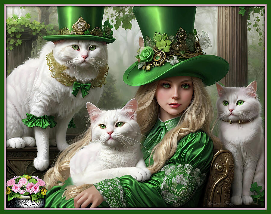 Portrait Of Woman With White Cats Digital Art