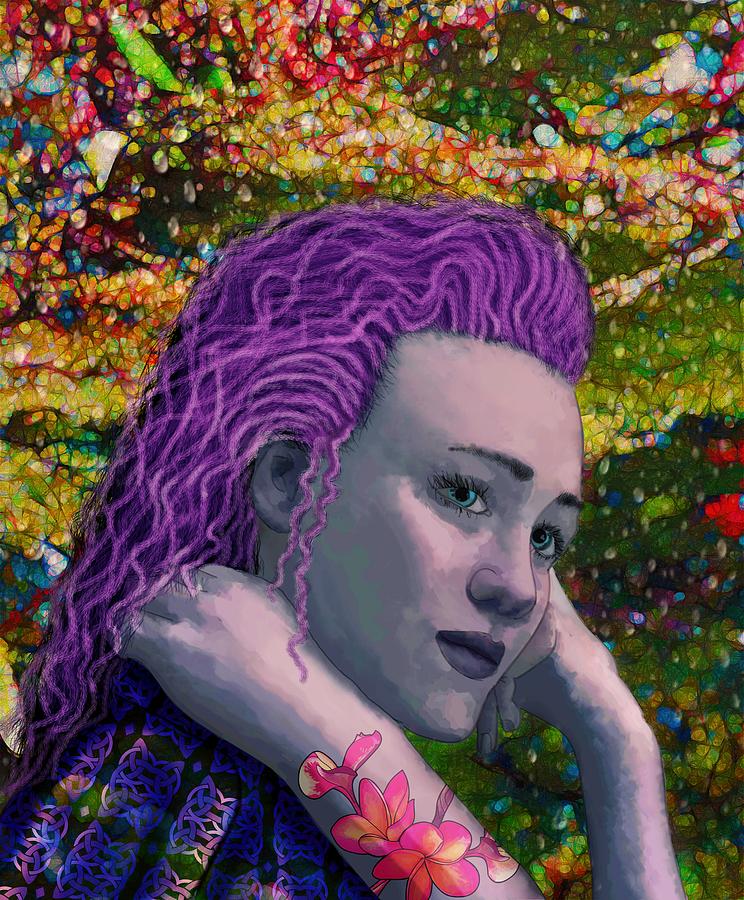 Portrait Woman Pondering Purple Drawing by Joan Stratton
