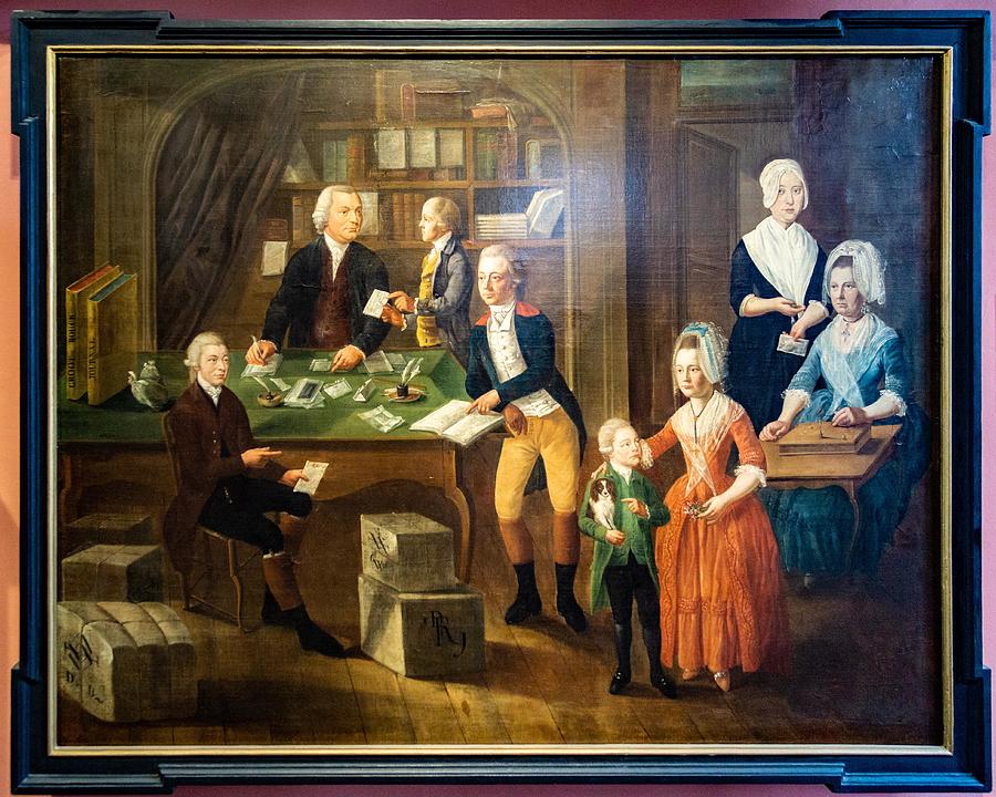 Portret Painting - Portret van Guieeaume de Brouwer en zijn gezin  in zijn handelskantoor in Brugge by Anonymous