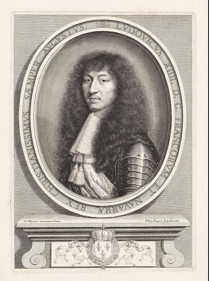 Portret van Lodewijk XIV koning van Frankrijk met kanten kraag voorzien ...