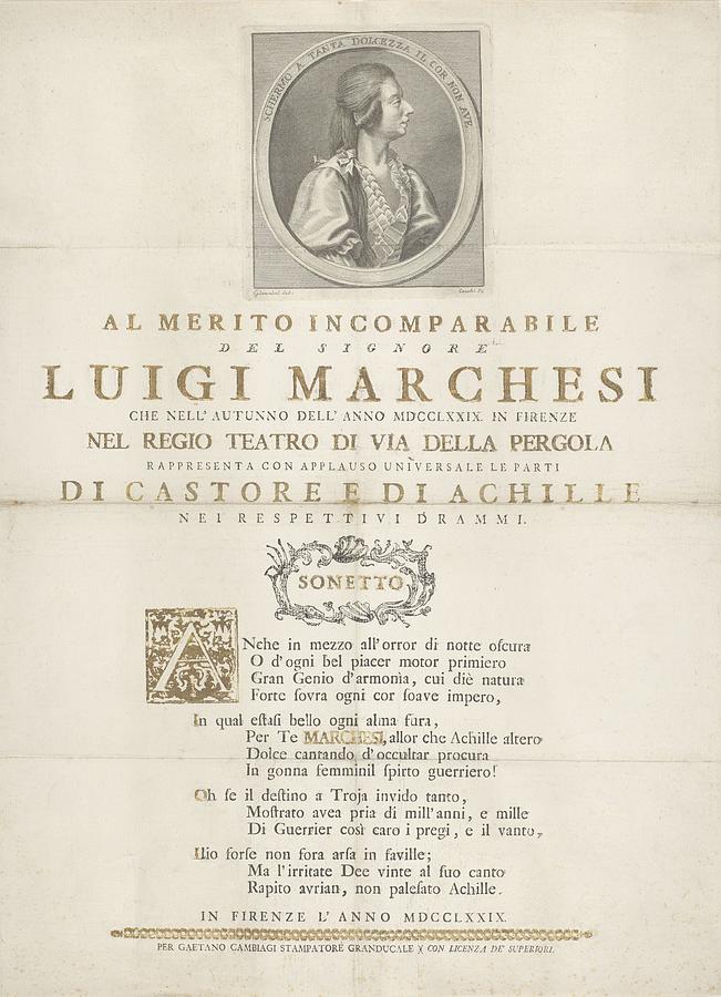 Portret van zanger Luigi Marchesi met sonnet, Giovanni Battista Cecchi, after Giannini, 1779 Painting by MotionAge Designs