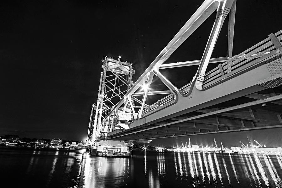 Portsmouth New Hampshire New Castle Street Bridge Lit up at Night Route 1B Black and White Photograph by Toby McGuire
