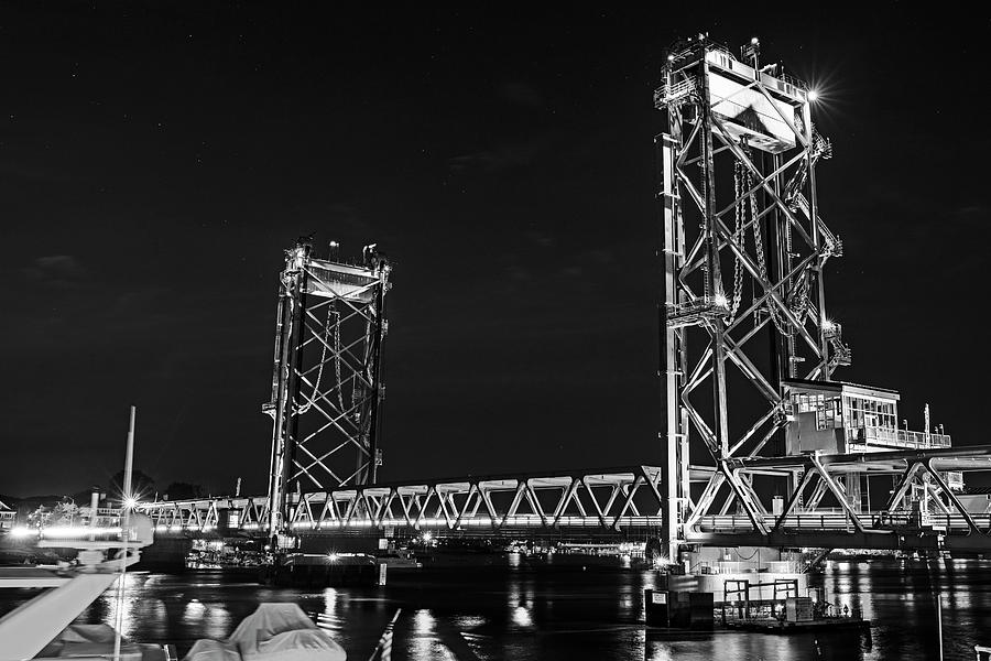 Portsmouth New Hampshire New Castle Street Bridge Lit up at Night Route 1B Piscataqua River BW Photograph by Toby McGuire