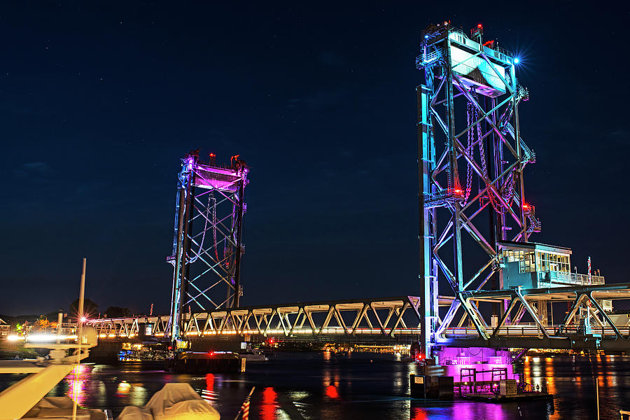Portsmouth New Hampshire New Castle Street Bridge Lit up at Night Route 1B Piscataqua River Photograph by Toby McGuire