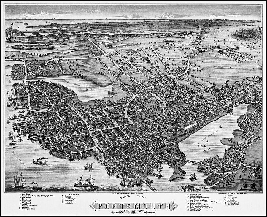 Portsmouth New Hampshire Vintage Map Birds Eye View 1877 Black and ...