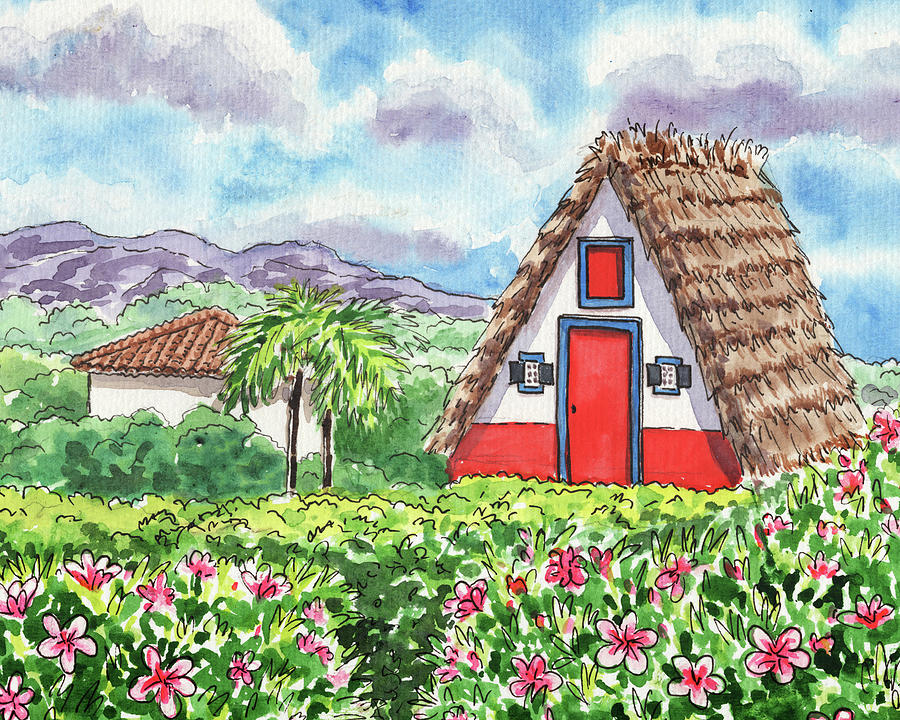 Portugal Village Santana With Colorful House Watercolor Landscape  Painting by Irina Sztukowski