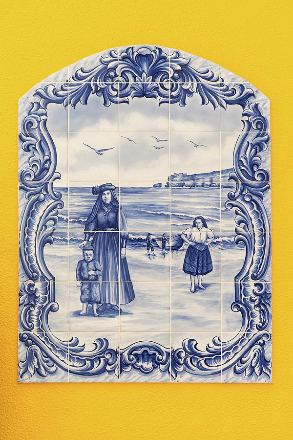 Portuguese Azulejo Portraits - Traditional Wall Medallion with Nazare Fishermen Wives and Kids Photograph by Georgia Mizuleva