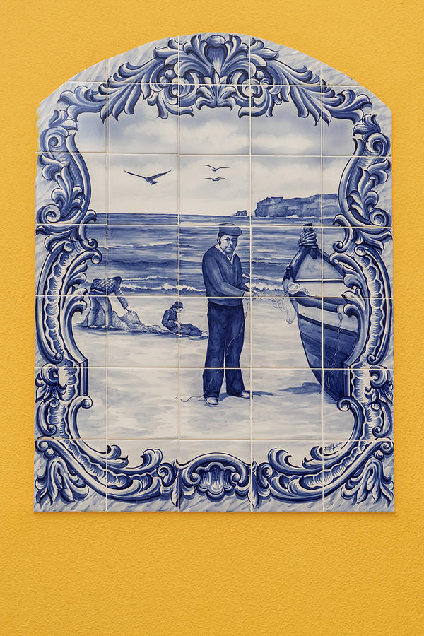 Portuguese Azulejo Portraits - Traditional Wall Medallion with Nazare Fishermen Photograph by Georgia Mizuleva