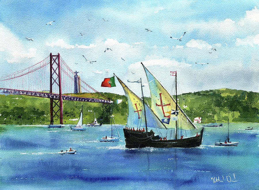 Portuguese Caravel On The Tall Ships Races in Lisbon Painting by Dora Hathazi Mendes