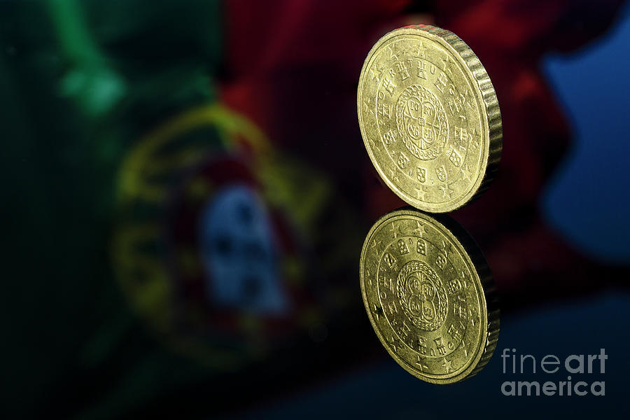 Portuguese Half Euro Coin 50 Cents with Flag Reflection Background Macro Photograph by Pablo Avanzini