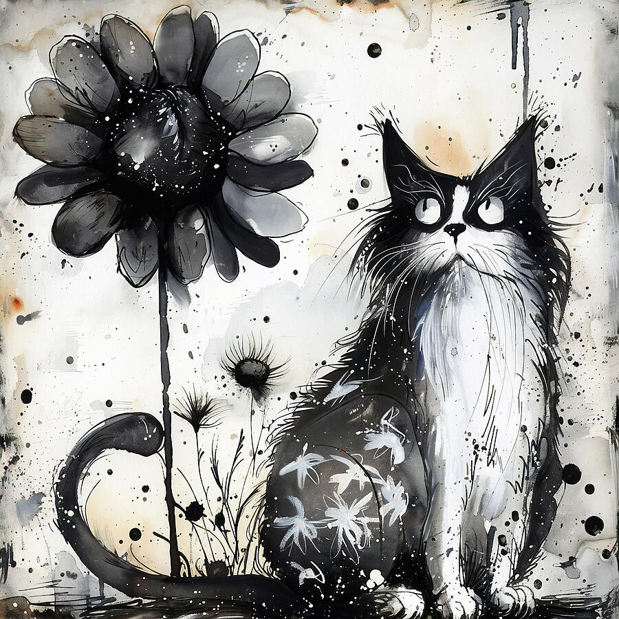 Black And White Painting - Posie Flower Cat by Lisa S Baker
