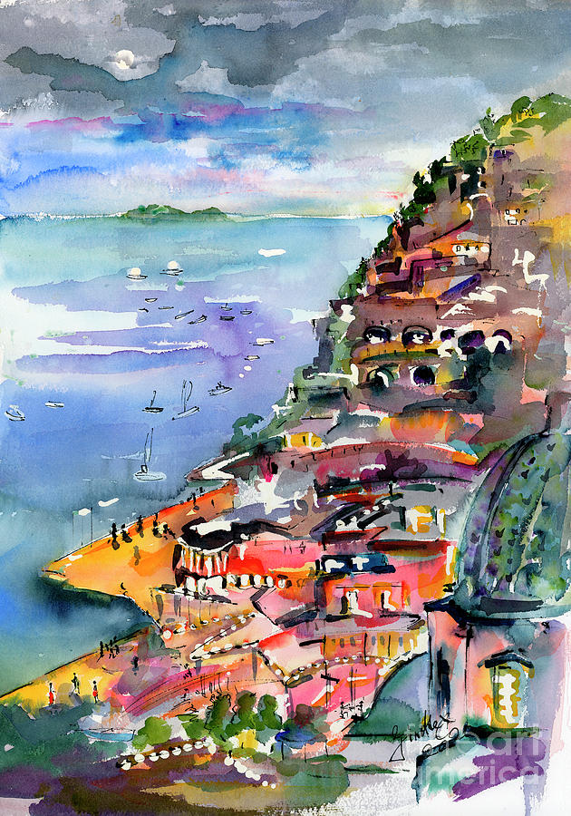 Positano Italy Enchanted Moon Painting by Ginette Callaway